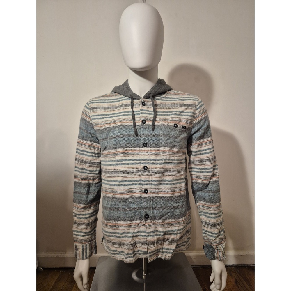 Billabong Mens Blue Orange Striped Hooded Button Down Shirt Sz Sm Flannel Surf